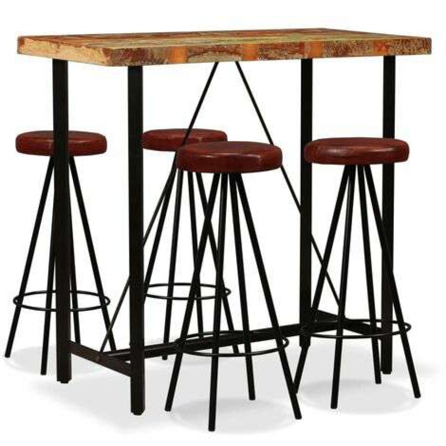 Table Haute Et Bar * | Sortie Fuhuidatrading Ensemble De Bar 5 Pcs Bois Massif Recycle Et Cuir Veritable