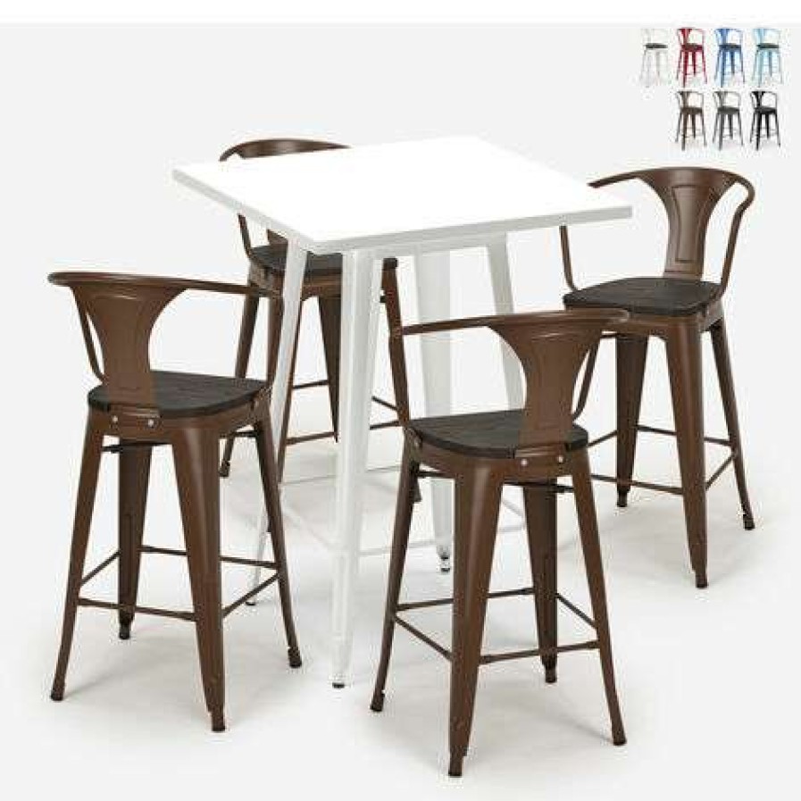 Table Haute Et Bar * | Meilleure Vente Ahd Amazing Home Design Ensemble 4 Tabourets Tolix Table Haute 60X60Cm Metal Blanc Bucket Wood White | Couleur: Marron