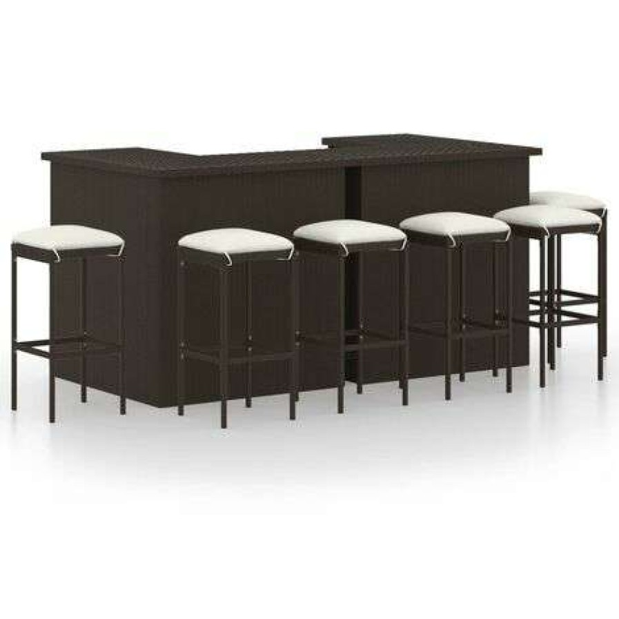 Table Haute Et Bar * | Budget Fimei Meuble De Bar De Jardin 8 Pcs Et Coussins Resine Tressee Marron