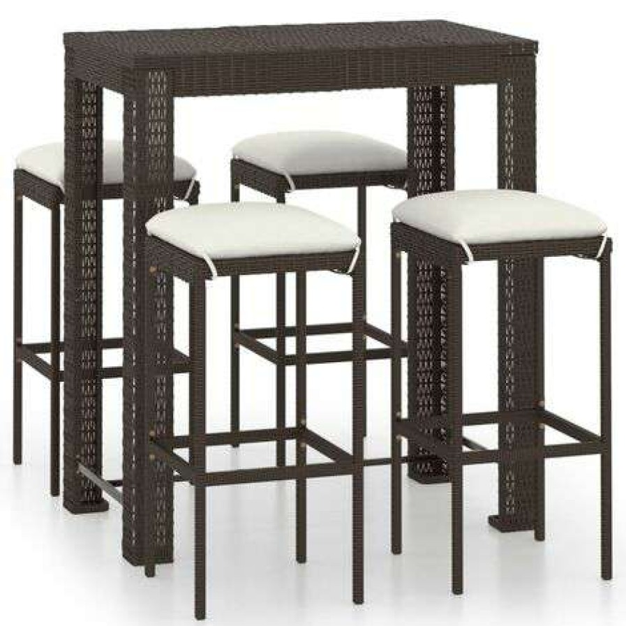 Table Haute Et Bar * | Remise True Deal Meuble De Bar De Jardin 5 Pcs Et Coussins Resine Tressee Marron