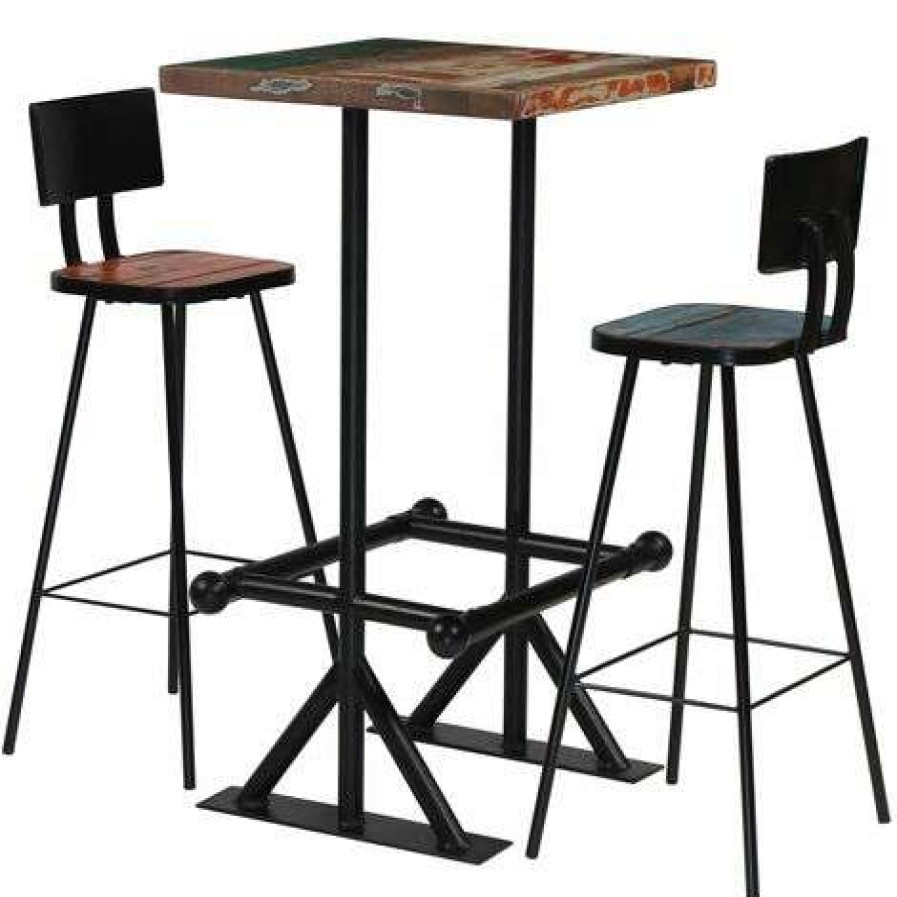 Table Haute Et Bar * | Budget Litzee Mobilier De Bar 3 Pcs Bois De Recuperation Massif Multicolore #