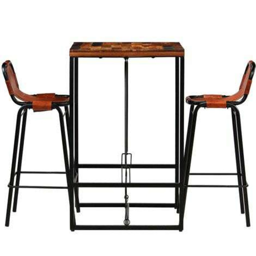 Table Haute Et Bar * | Top 10 Fimei Ensemble De Bar 3 Pcs Bois Massif Recycle Et Cuir De Chevre