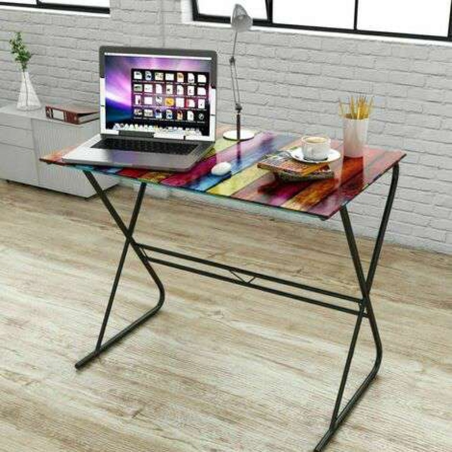 Table Haute Et Bar * | Promo Nova Table De Bureau Pc Avec Verre Arc-En-Ciel 80X50X75 Bureau En Verre A Motif D'Arc-En-Ciel