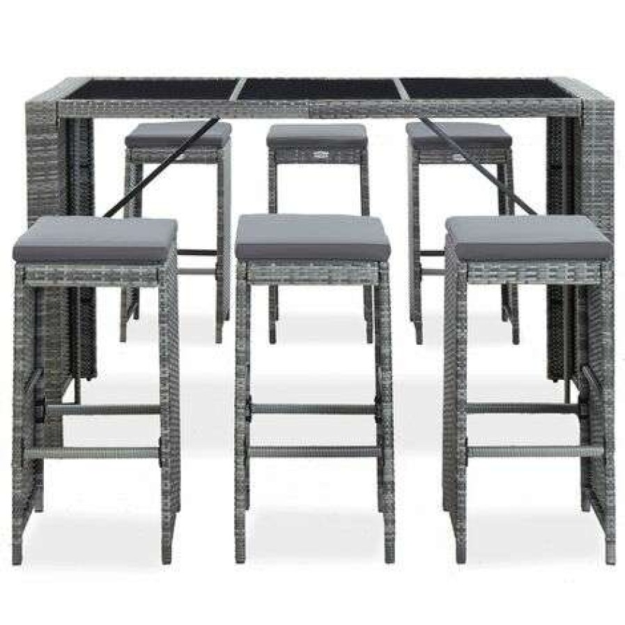 Table Haute Et Bar * | Offres Inlife Meuble De Bar De Jardin 7 Pcs Et Coussins Resine Tressee Gris