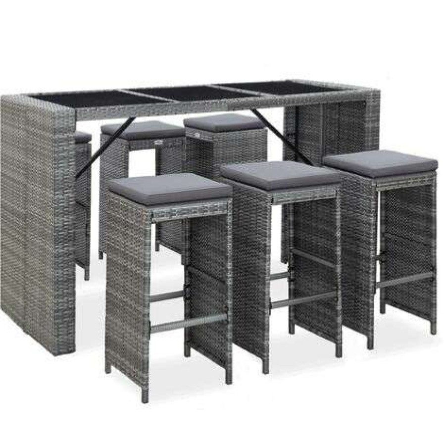 Table Haute Et Bar * | Offres Inlife Meuble De Bar De Jardin 7 Pcs Et Coussins Resine Tressee Gris