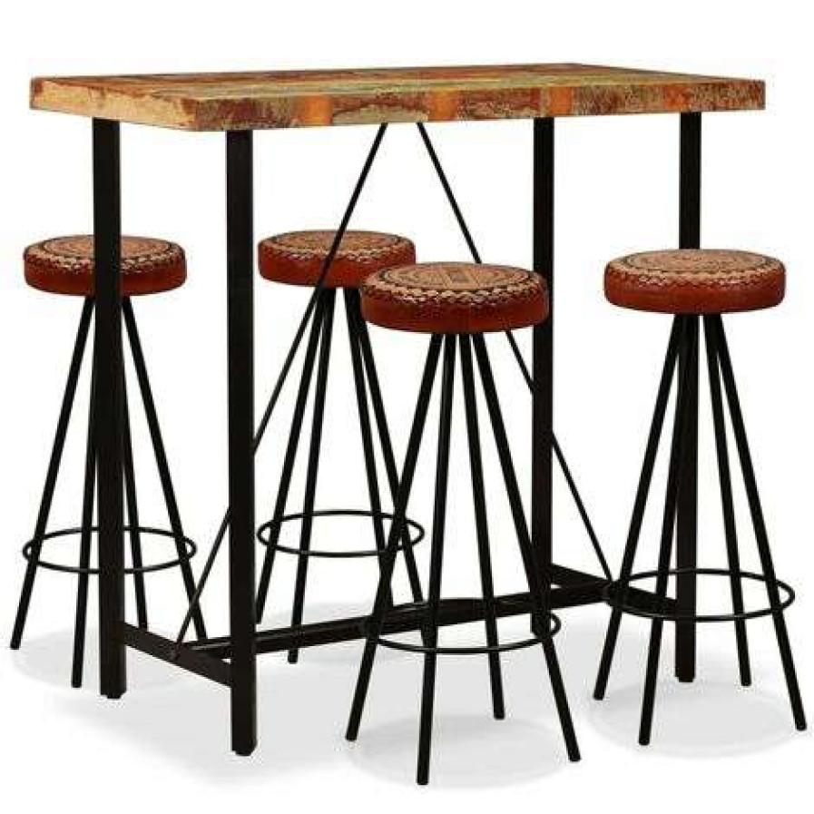 Table Haute Et Bar * | Grosses Soldes Fuhuidatrading Ensemble De Bar 5 Pcs Bois De Recuperation Cuir Veritable Et Toile