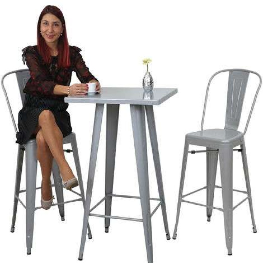 Table Haute Et Bar * | Grosses Soldes Set Table Mange-Depout + 2X Tabouret De Bar Hhg-866, Chaise/Table De Bar, Design Industriel ~ Gris