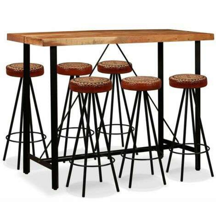 Table Haute Et Bar * | Vente Flash Hommoo Ensemble De Bar 7 Pcs Bois De Sesham Cuir Veritable Et Toile Hdv18070