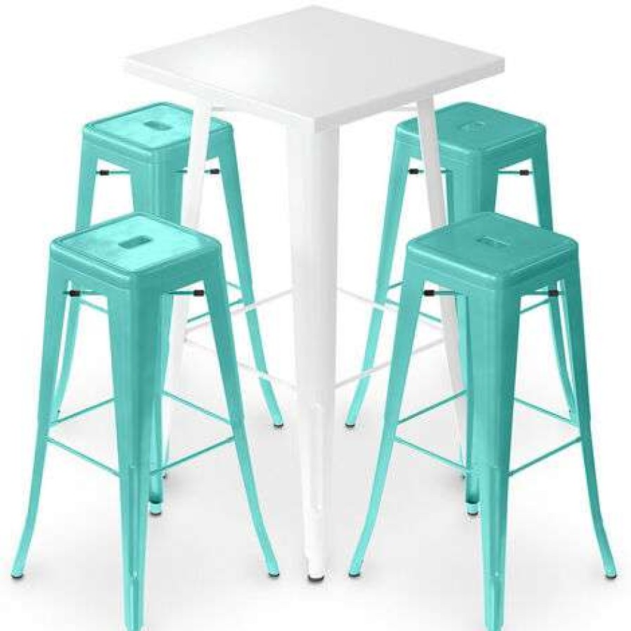 Table Haute Et Bar * | Coupon Privatefloor Table De Bar Blanche + X4 Tabourets De Bar En Acier Mat Set Bistrot Stylix Design Industriel Nouvelle Edition Vert Pastel Vert Pastel