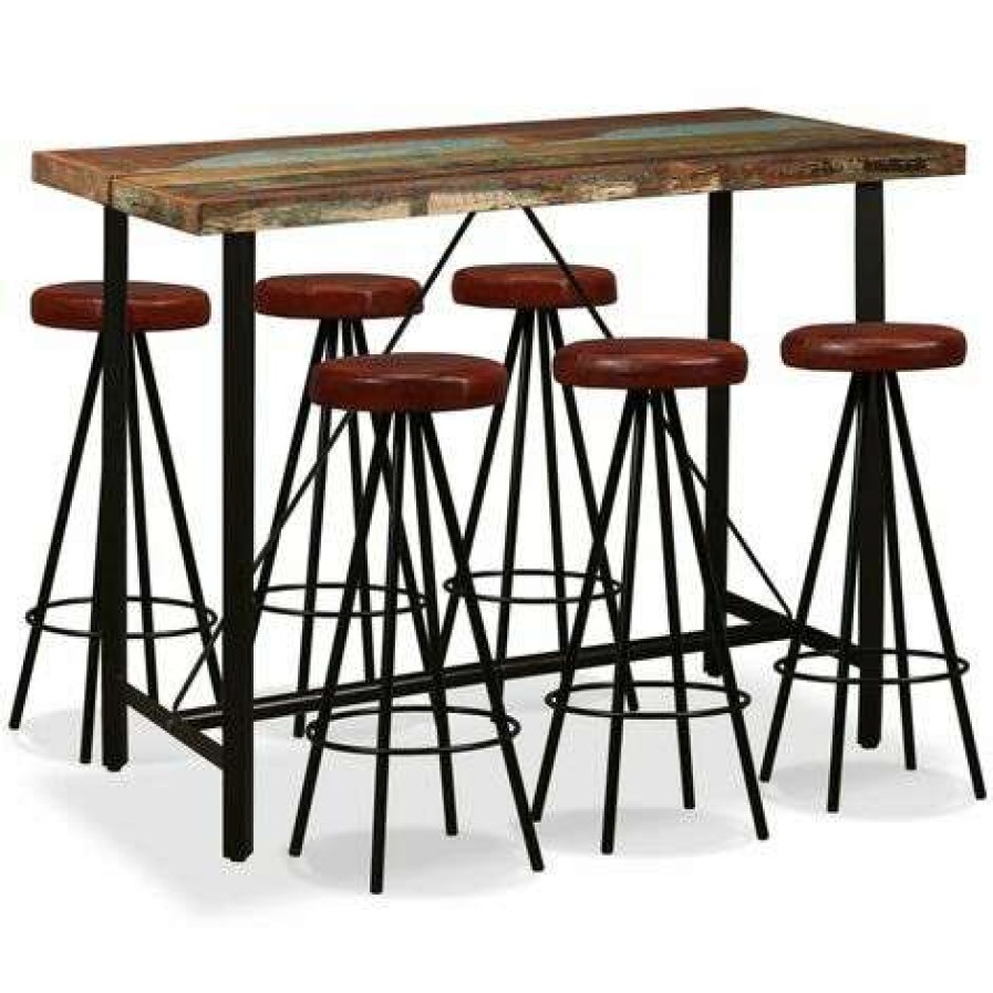 Table Haute Et Bar * | Acheter Fuhuidatrading Ensemble De Bar 7 Pcs Bois Massif Recycle Et Cuir Veritable