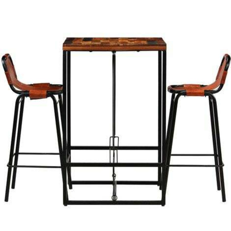 Table Haute Et Bar * | Meilleure Vente Ensemble De Bar Bois Massif De Recuperation Et Cuir De Chevre 3 Pcs Vidaxl