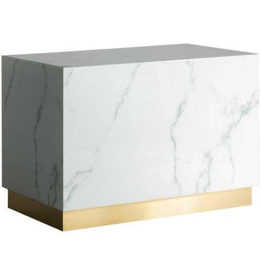 Table Haute Et Bar * | Bon Marche Les Tendances Table De Bar Art Deco Verre Cristal Teinte Blanc Marbre Et Acier Dore Kola 180 Cm