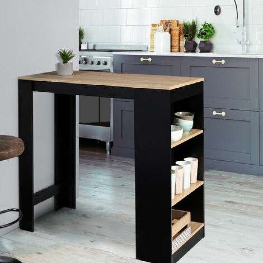 Table Haute Et Bar * | Le Moins Cher Idmarket Table De Bar Barth 2 A 4 Personnes Bois Noir Et Plateau Facon Hetre Noir