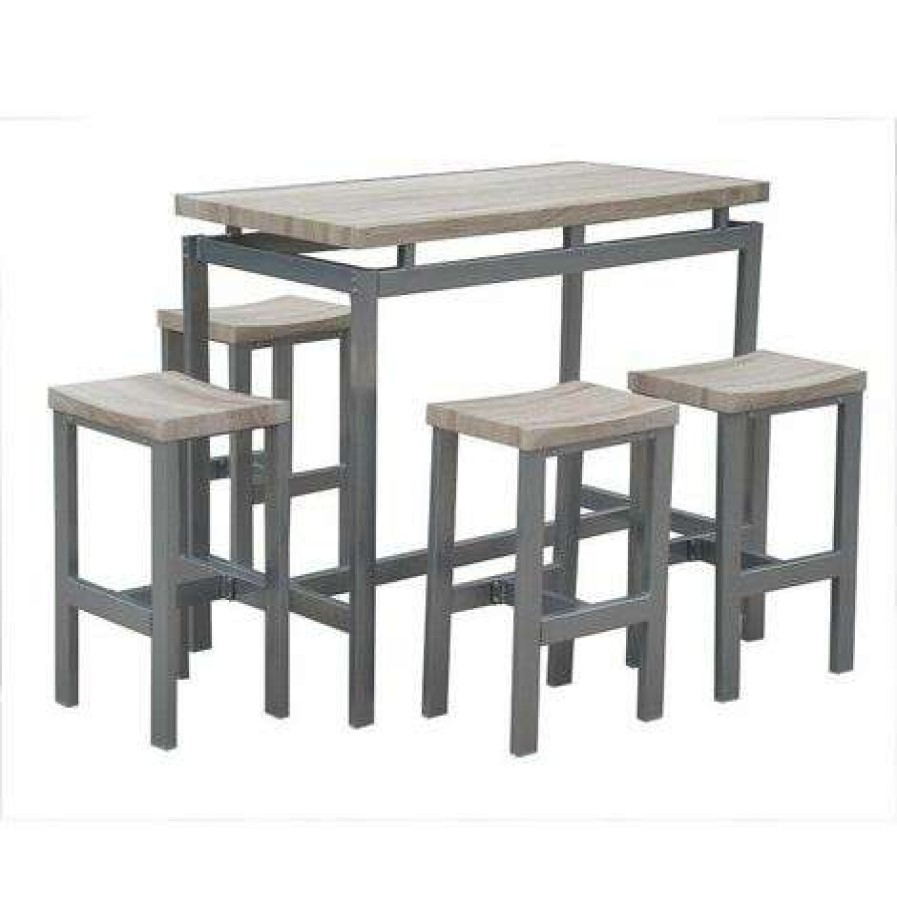 Table Haute Et Bar * | Coupon Price Factory Ensemble Design Table Haute, Bar + 4 Tabourets Le Mans. Set Moderne Type Industriel, Bois Et Metal. Gris