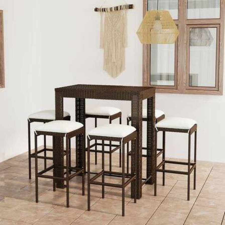 Table Haute Et Bar * | Bon Marche Fimei Meuble De Bar De Jardin 7 Pcs Et Coussins Resine Tressee Marron