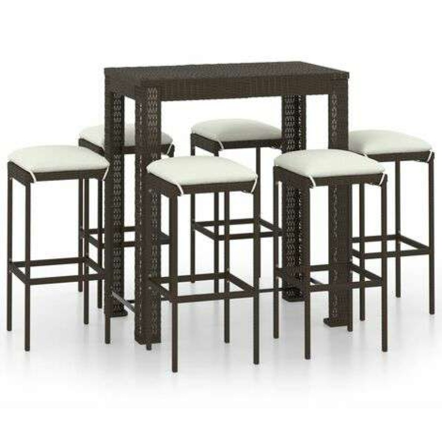 Table Haute Et Bar * | Bon Marche Fimei Meuble De Bar De Jardin 7 Pcs Et Coussins Resine Tressee Marron