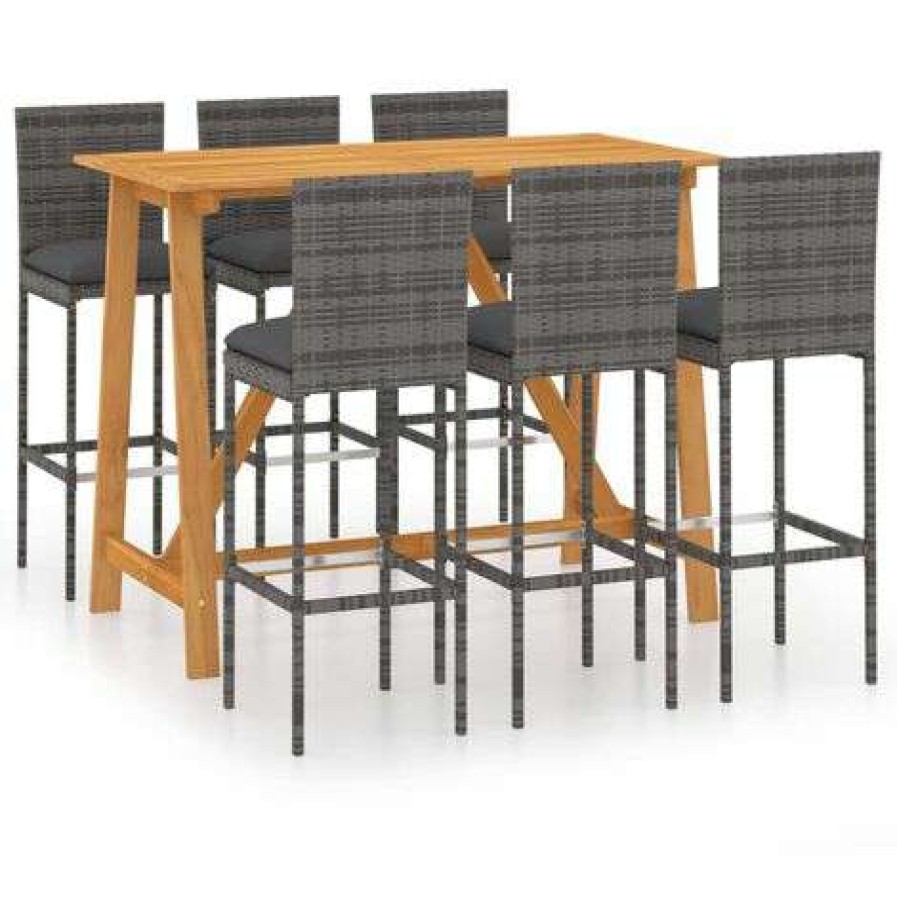 Table Haute Et Bar * | Promo Hommoo Ensemble De Bar De Jardin 7 Pcs Avec Coussins Gris