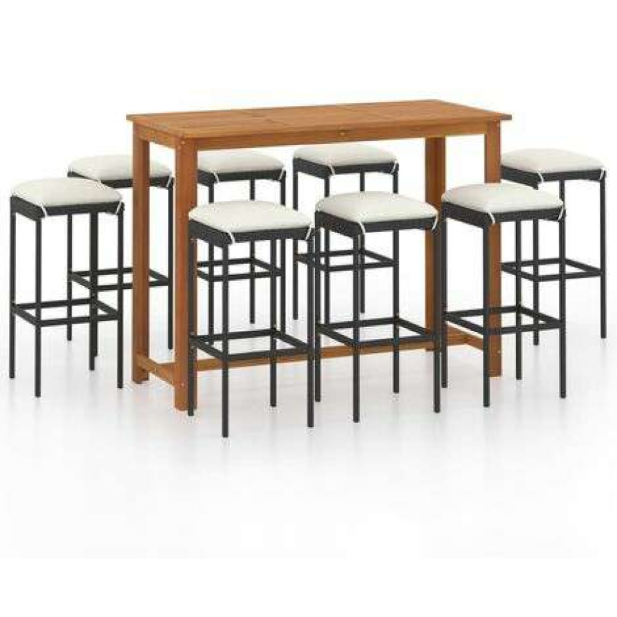 Table Haute Et Bar * | Coupon Hommoo Ensemble De Bar De Jardin Avec Coussins 9 Pcs Noir