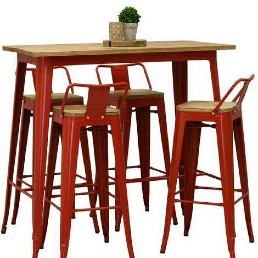 Table Haute Et Bar * | Bon Marche Aubry Gaspard Table Haute En Metal Laque Et Bois D'Orme Huile Rouge Rouge