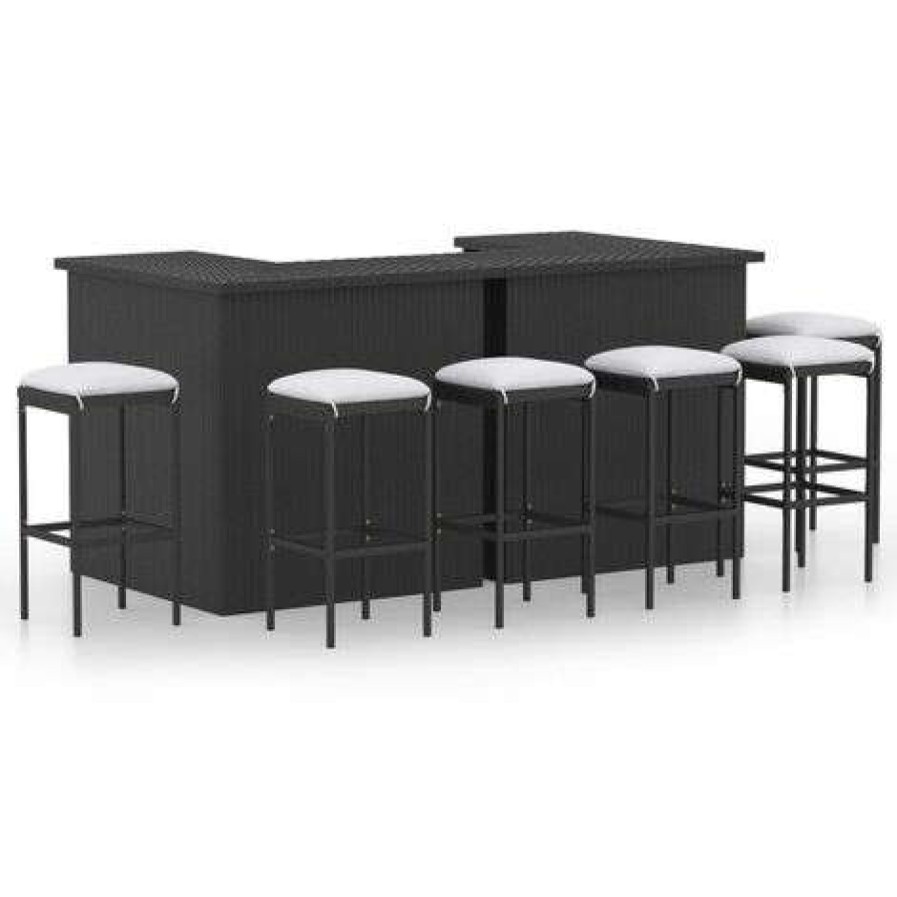 Table Haute Et Bar * | Le Moins Cher Hommoo Meuble De Bar De Jardin 8 Pcs Avec Coussins Resine Tressee Noir