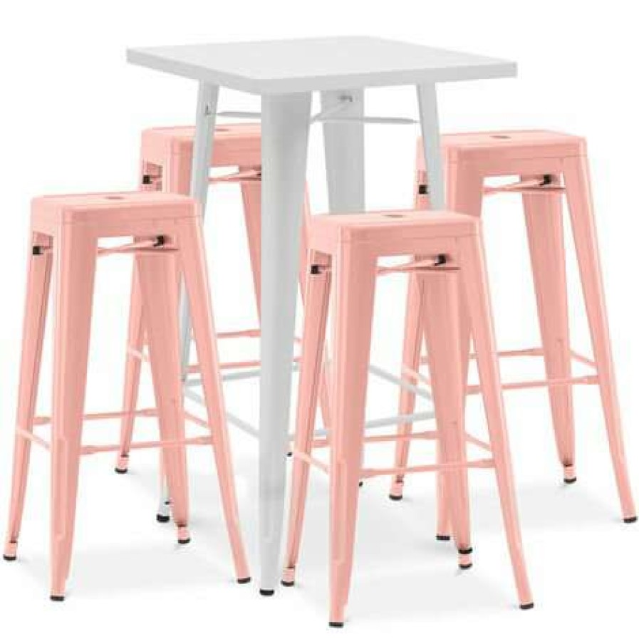 Table Haute Et Bar * | Les Meilleures Critiques De Privatefloor Table De Bar Blanche + X4 Tabourets De Bar En Acier Design Industriel Set Bistrot Stylix Nouvelle Edition Orange Pale Orange Pale