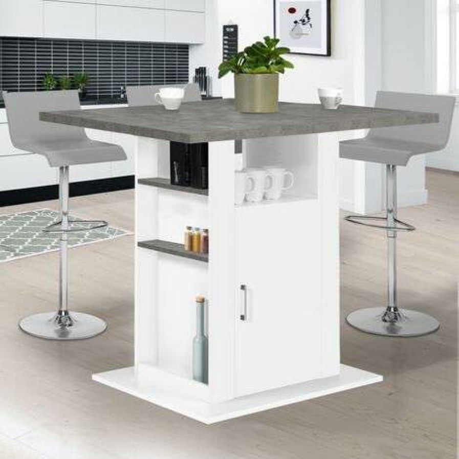 Table Haute * | Vente Flash Idmarket Ilot Central Ugo 110 Cm Plateau Effet Beton Et Blanc Avec Rangements