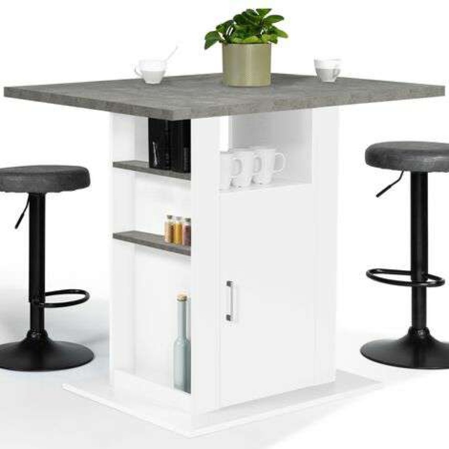 Table Haute * | Vente Flash Idmarket Ilot Central Ugo 110 Cm Plateau Effet Beton Et Blanc Avec Rangements