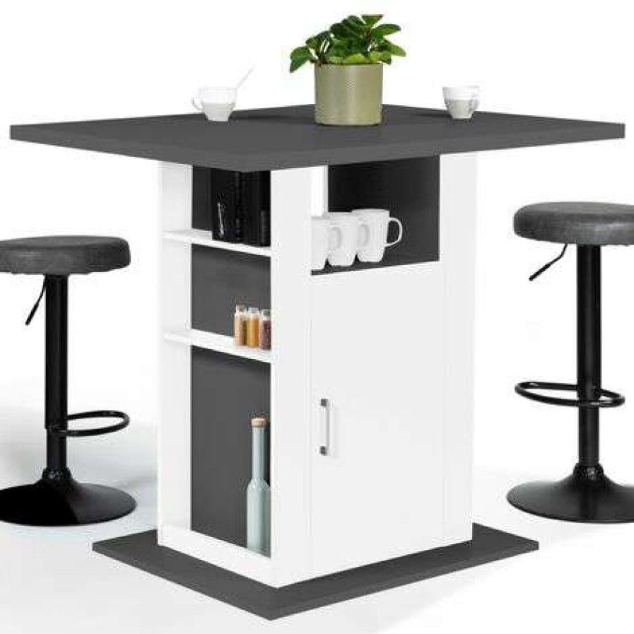 Table Haute * | Offres Idmarket Ilot Central Ugo 110 Cm Plateau Bois Gris Et Blanc Avec Rangements