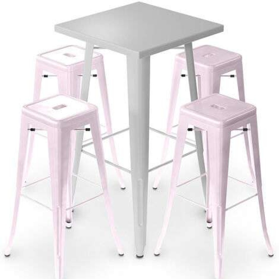 Table Haute Et Bar * | Meilleur Prix Privatefloor Table De Bar Argentee + X4 Tabourets De Bar En Acier Mat Ensemble Bistrot Stylix Design Industriel Nouvelle Edition Rose Pale Rose Pale