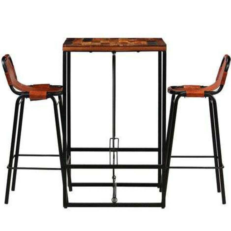 Table Haute Et Bar * | De Gros Youthup Ensemble De Bar 3 Pcs Bois Massif Recycle Et Cuir De Chevre Brun