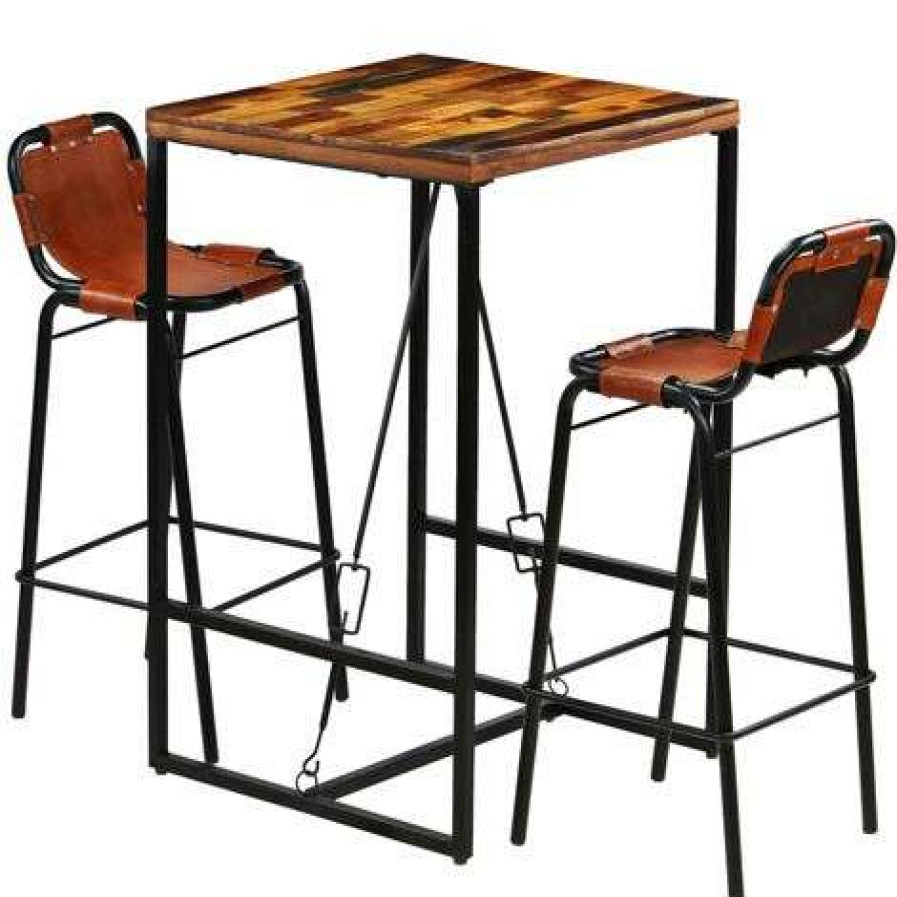 Table Haute Et Bar * | Meilleure Vente Topdeal Ensemble De Bar 3 Pcs Bois Massif Recycle Et Cuir De Chevre