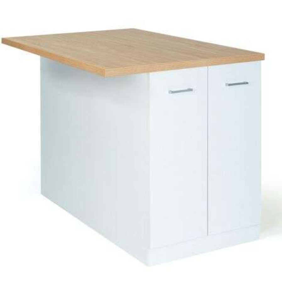 Table Haute Et Bar * | Meilleure Vente Idmarket Ilot Central Ivo 120 Cm Blanc Avec Plan De Travail Facon Hetre Blanc