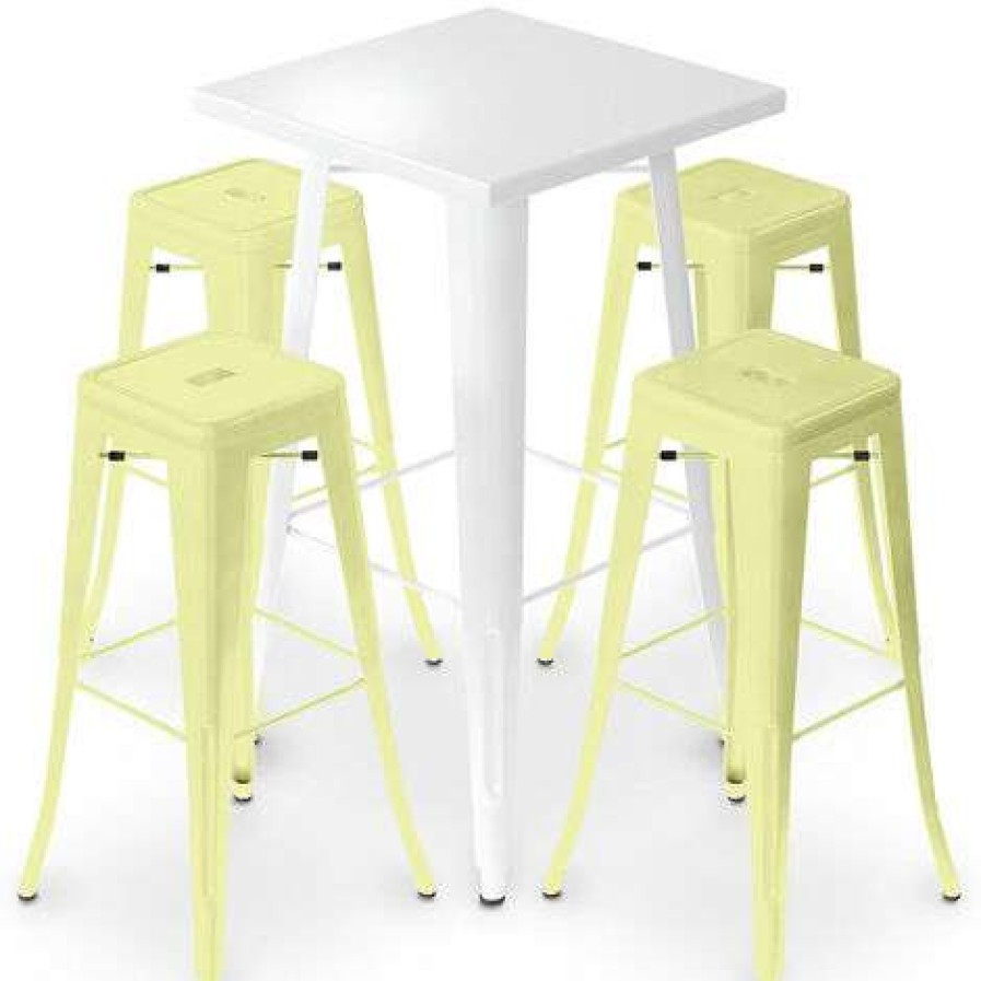 Table Haute Et Bar * | Acheter Privatefloor Table De Bar Blanche + X4 Tabourets De Bar En Acier Mat Set Bistrot Stylix Design Industriel Nouvelle Edition Jaune Pale Jaune Pale