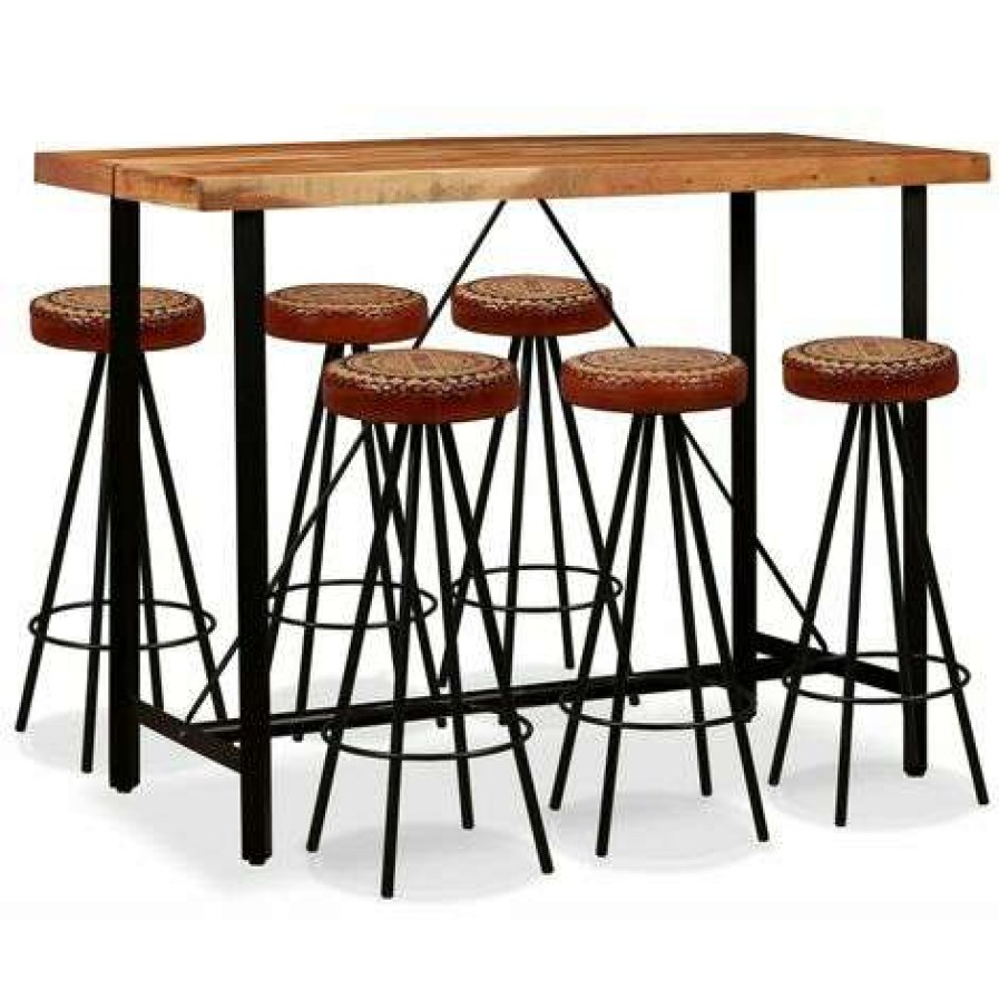 Table Haute Et Bar * | Meilleur Prix Youthup Ensemble De Bar 7 Pcs Bois D'Acacia Cuir Veritable Et Toile Brun