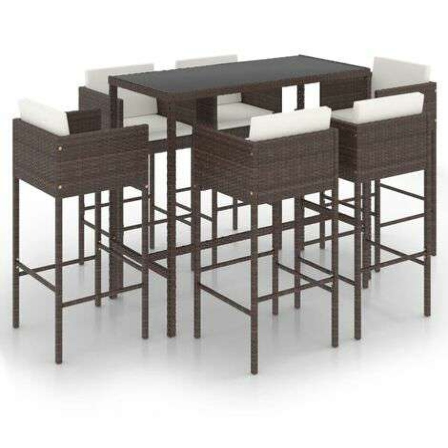 Table Haute Et Bar * | Budget Inlife Meubles De Bar De Jardin 7Pcs Et Coussins Resine Tressee Marron Brun