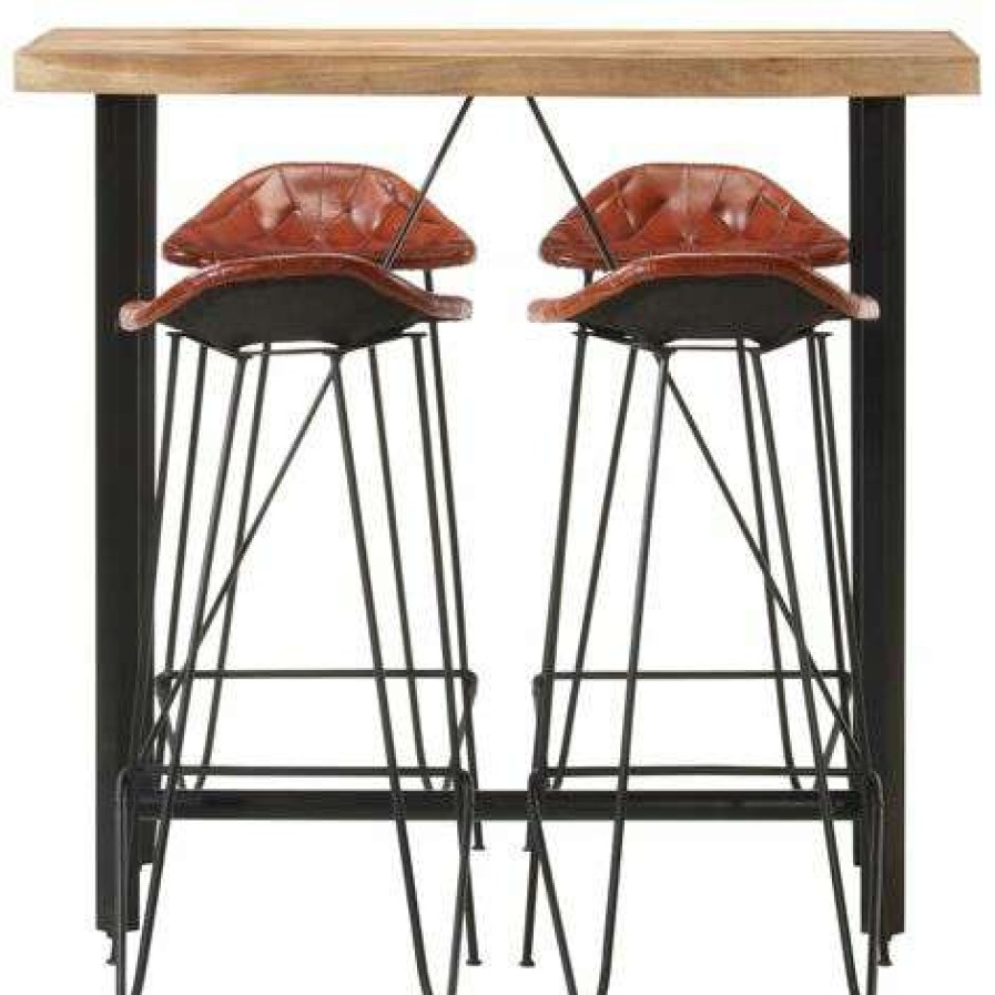 Table Haute Et Bar * | Sortie Youthup Ensemble De Bar 5 Pcs Bois Solide Et Cuir Veritable