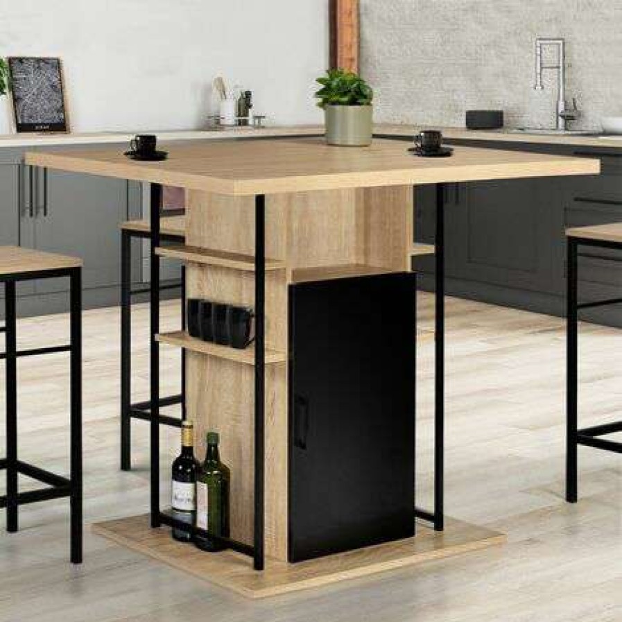 Table Haute Et Bar * | Sortie Idmarket Ilot Central Ugo 110 Cm Bois Noir Et Imitation Hetre Avec Rangements Design Industriel