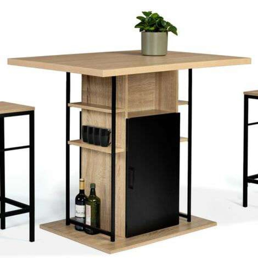 Table Haute Et Bar * | Sortie Idmarket Ilot Central Ugo 110 Cm Bois Noir Et Imitation Hetre Avec Rangements Design Industriel