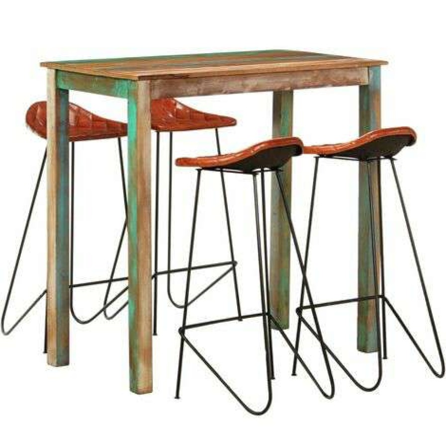 Table Haute Et Bar * | Promo Hommoo Ensemble De Bar 5 Pcs Bois De Recuperation Et Cuir Veritable Hdv21083