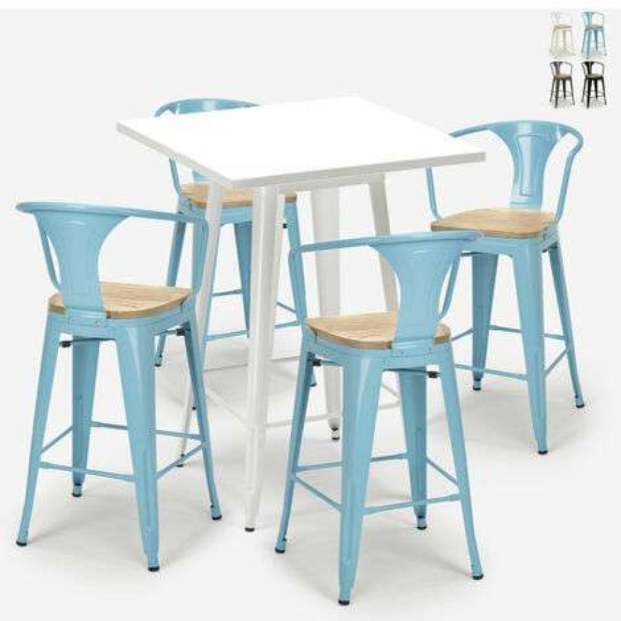 Table Haute Et Bar * | Bon Marche Ahd Amazing Home Design Ensemble Table Metal Blanc 60X60Cm 4 Tabourets Tolix Bucket White Top Light | Couleur: Turquoise