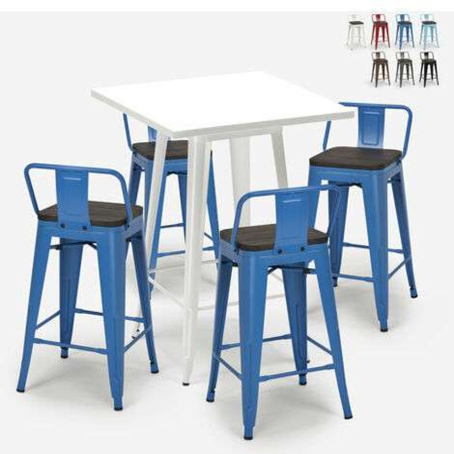 Table Haute Et Bar * | Offres Ahd Amazing Home Design Ensemble 4 Tabourets Tolix Table 60X60Cm Metal Blanc Industriel Buch White | Couleur: Bleu