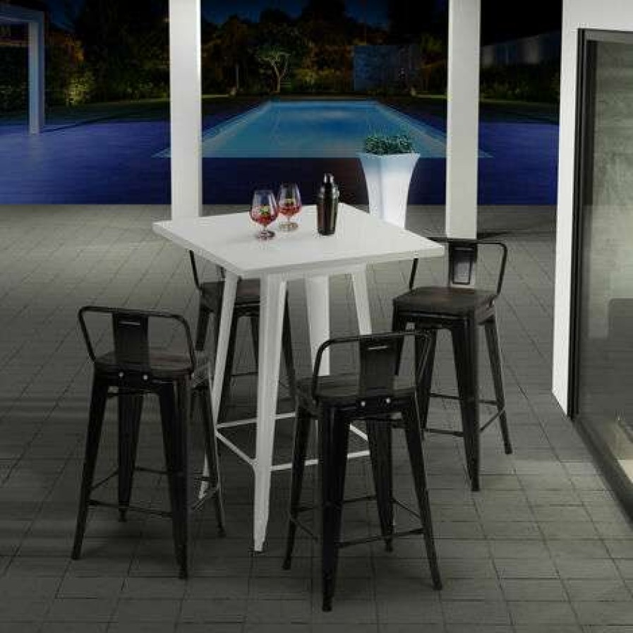 Table Haute Et Bar * | Offres Ahd Amazing Home Design Ensemble 4 Tabourets Tolix Table 60X60Cm Metal Blanc Industriel Buch White | Couleur: Bleu