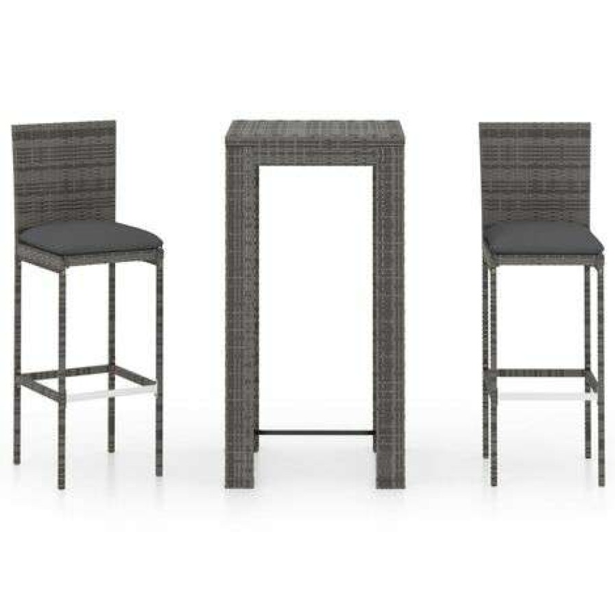 Table Haute Et Bar * | Bon Marche Topdeal Ensemble De Bar De Jardin 3 Pcs Et Coussins Resine Tressee Gris Ff3064793_Fr