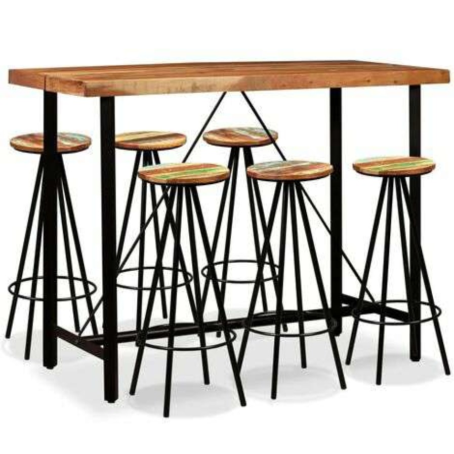 Table Haute Et Bar * | Coupon Nova Ensemble De Table De Bar Avec Acacia Solide Et Selles De Recuperation En Bois Divers Pieces Ensemble De Bar 7 Pcs Bois D'Acacia Massif Et De Recuperation