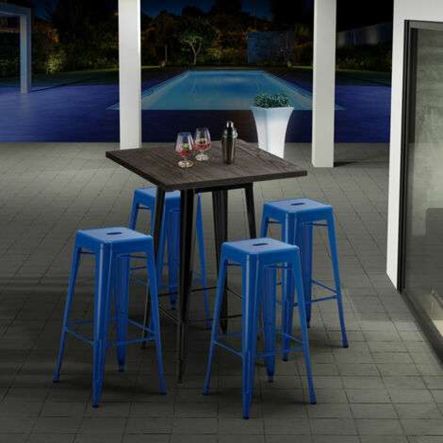 Table Haute Et Bar * | Top 10 Ahd Amazing Home Design Ensemble Little Italy Table Haute Et 4 Tabourets En Metal Tolix Style Industriel | Couleur: Bleu