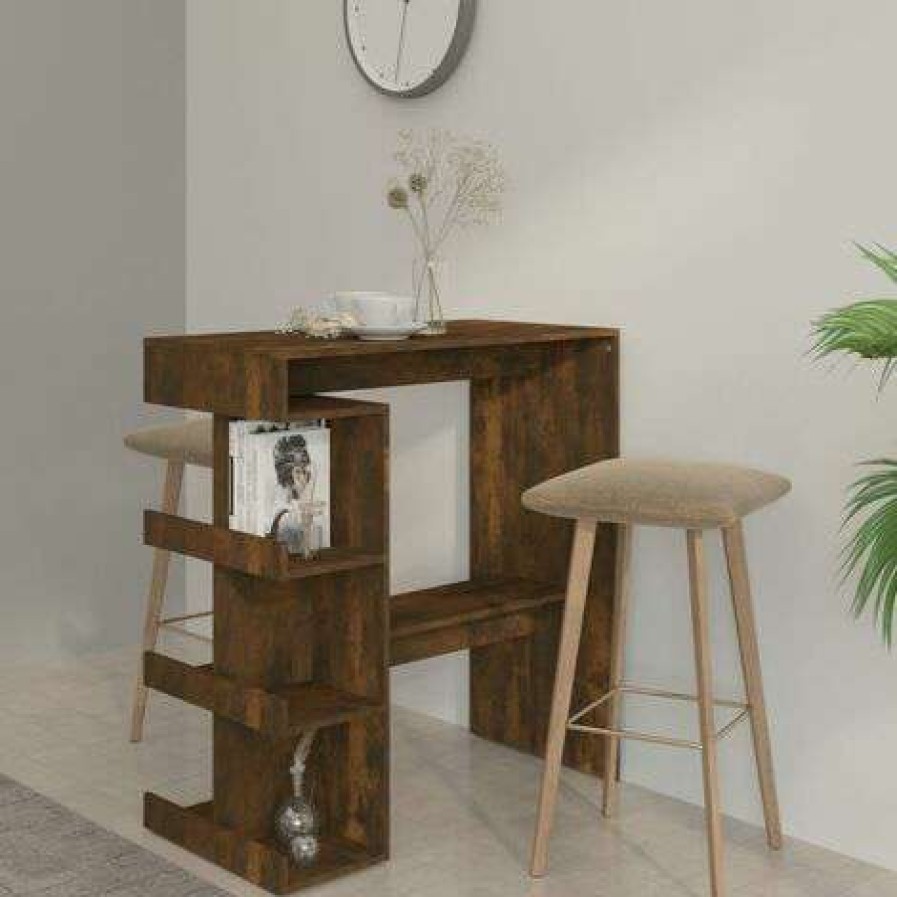 Table Haute Et Bar * | Sortie Supermarket Table De Bar Et Etagere De Rangement Chene Fume 100X50X101,5 Cm