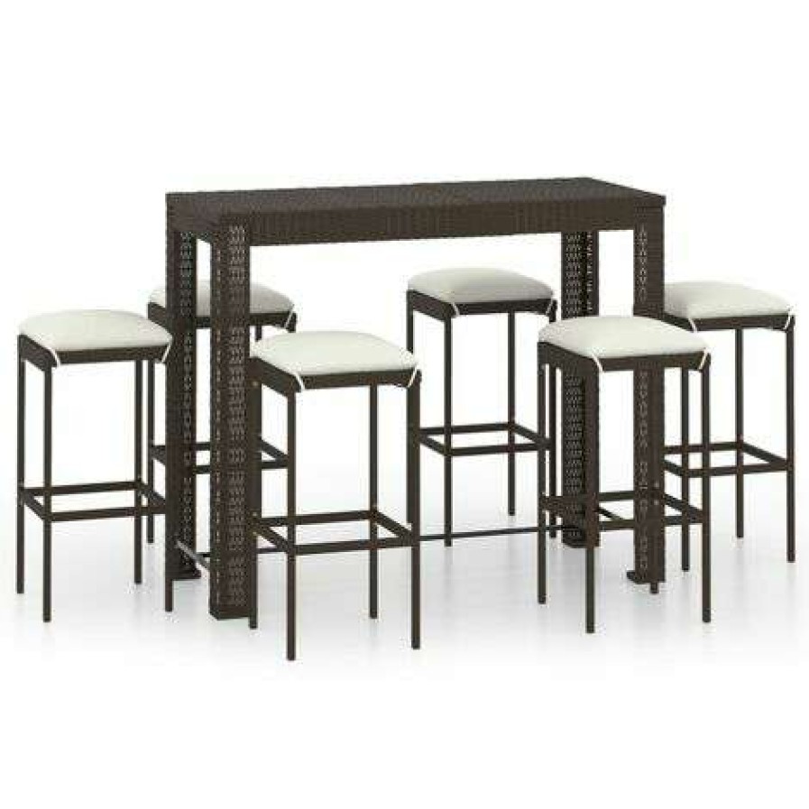 Table Haute Et Bar * | Offres Topdeal Meuble De Bar De Jardin 7 Pcs Et Coussins Resine Tressee Marron Ff3064786_Fr